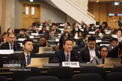 越南常驻联合国、世界贸易组织（WTO）和在瑞士日内瓦其他国际组织代表团团长梅潘勇大使发表讲话。图自越通社