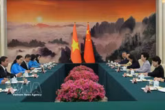 越共中央委员、越南祖国阵线中央委员会副主席、越南妇女联合会主席黎氏水与中华全国妇女联合会主席谭贻琴举行工作座谈。图自越通社