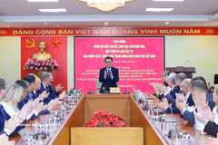 越共中央政治局委员、中央书记处书记、中央政策与战略部部长阮青毅在河内与俄罗斯联邦干部、领导人代表团举行工作会谈。图自越通社