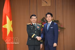 越南政府副总理、国防部部长潘文江大将和日本防卫大臣小泉进次郎。图自越通社