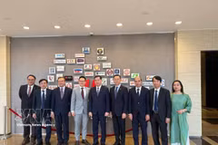 由越共中央委员、中央机关党委常务副书记阮龙海率领的中央机关党委代表团与新加坡人民行动党（PAP）中央委员、国防部政务部长朱倍庆和新加坡国会议员李宏壮。图自越通社