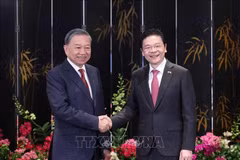 越共中央总书记苏林和新加坡总理黄循财。图自越通社
