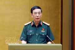 越南征服副总理兼国防部长潘文江大将在会上作了《关于军事与国防领域9部法律若干条款修改补充法》的说明、意见采纳和整理报告。图自越通社