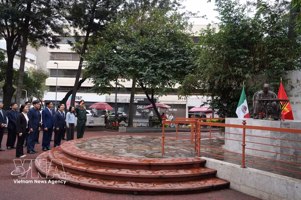 代表团在墨西哥城中心自由各民族公园内的胡志明主席雕像园区献花。图自越通社