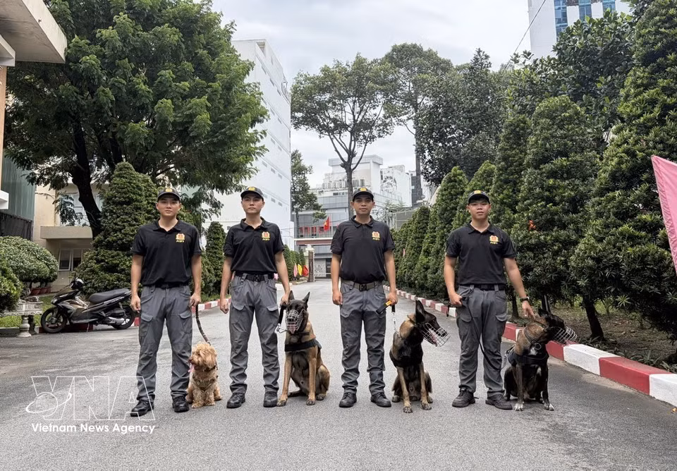 南部警卫室的警犬与训练干部合影。图自越通社