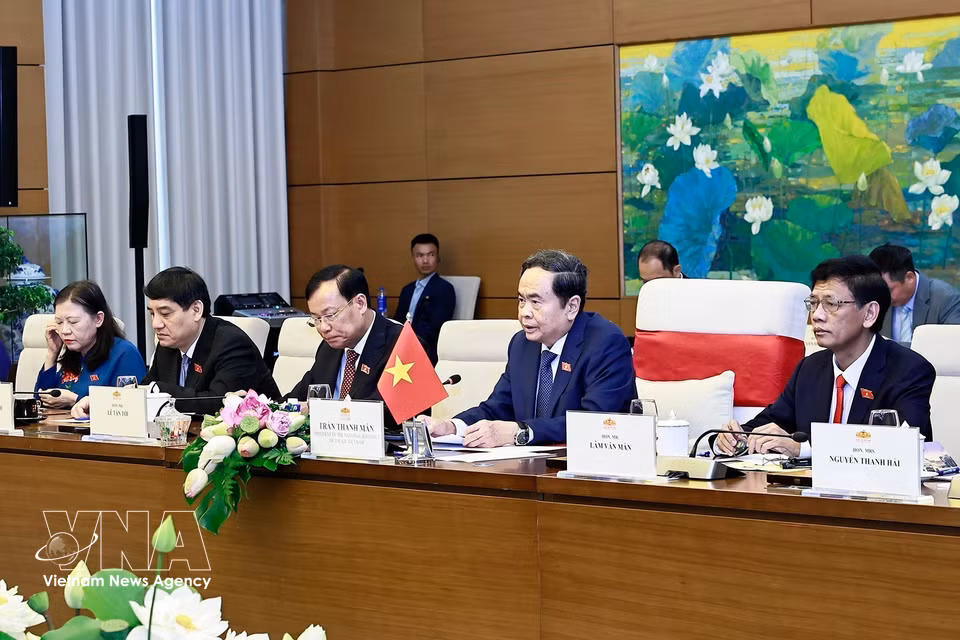 越南国会主席陈青敏在会谈中发表讲话。图自越通社