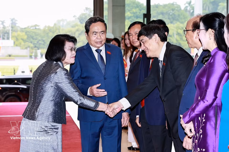 柬埔寨国会主席昆索达莉与越南代表团成员合影。图自越通社