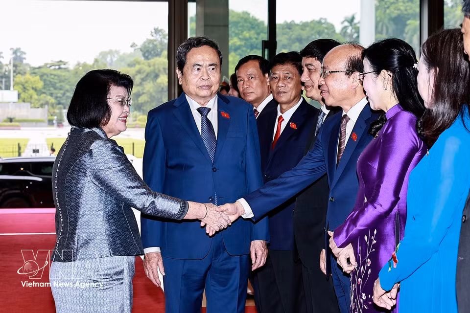 柬埔寨国会主席昆索达莉与越南代表团成员合影。图自越通社