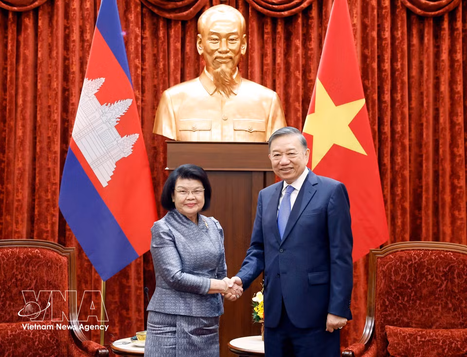 越共中央总书记、国家主席苏林会见柬埔寨国会主席昆索达莉。图自越通社
