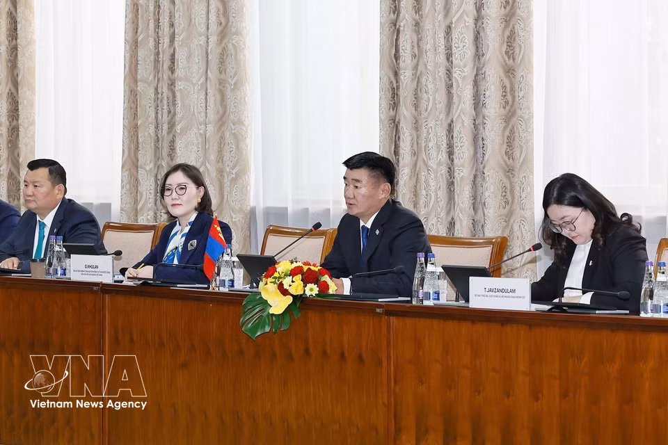 蒙古国家大呼拉尔主席桑达格·宾巴朝格特在与国会主席陈青敏的会谈上发言。图自越通社