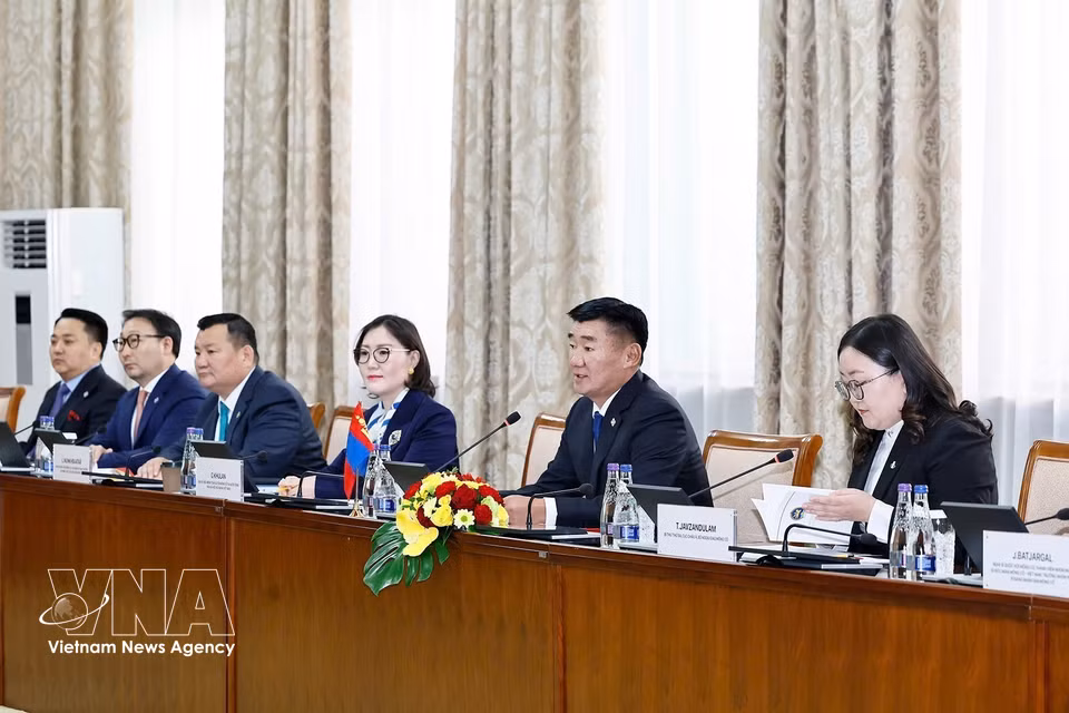 蒙古国家大呼拉尔主席桑达格·宾巴朝格特及蒙古国代表团成员出席与国会主席陈青敏的会谈。图自越通社
