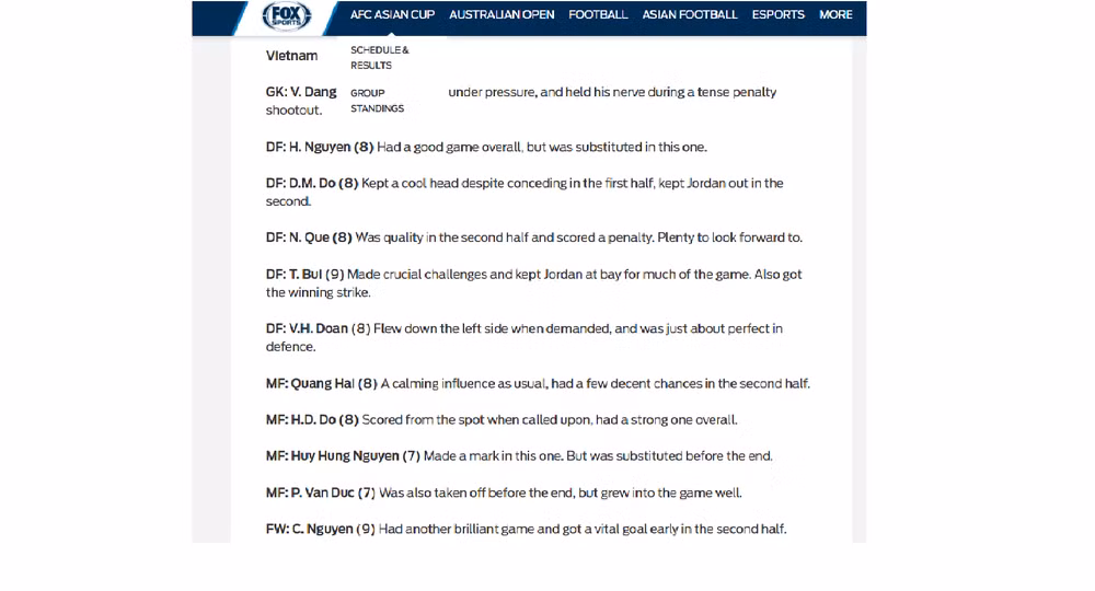 Fox Sports Asia对越南球员出色表现给予极高评价 ảnh 1 Fox Sports Asia对越南球员出色表现给予极高评价 ảnh 1