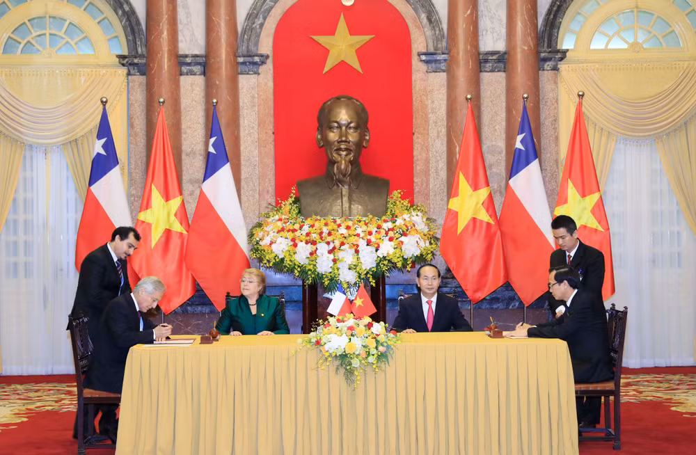 国家主席陈大光与智利总统米歇尔·巴切莱特召开联合新闻发布会 ảnh 2