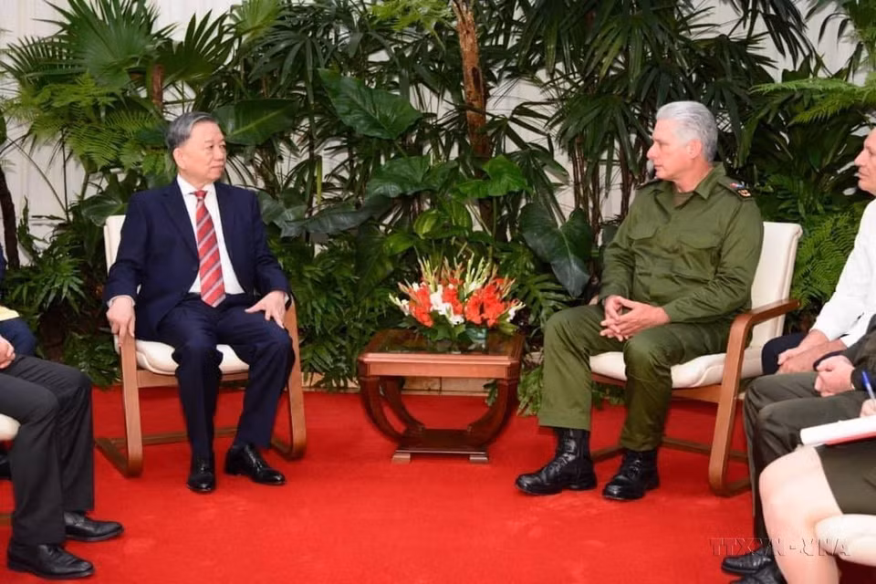 古巴共产党中央委员会第一书记米格尔·迪亚斯-卡内尔·贝穆德斯会见越南公安部长苏林（2022年）。图自越通社