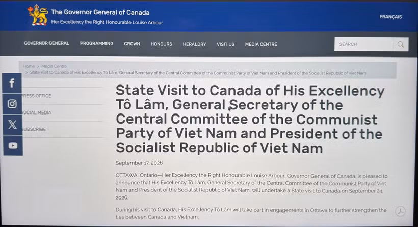 加拿大总督府日前发布公告重申，越南是加拿大在印度洋—太平洋地区的重要伙伴。屏幕截图