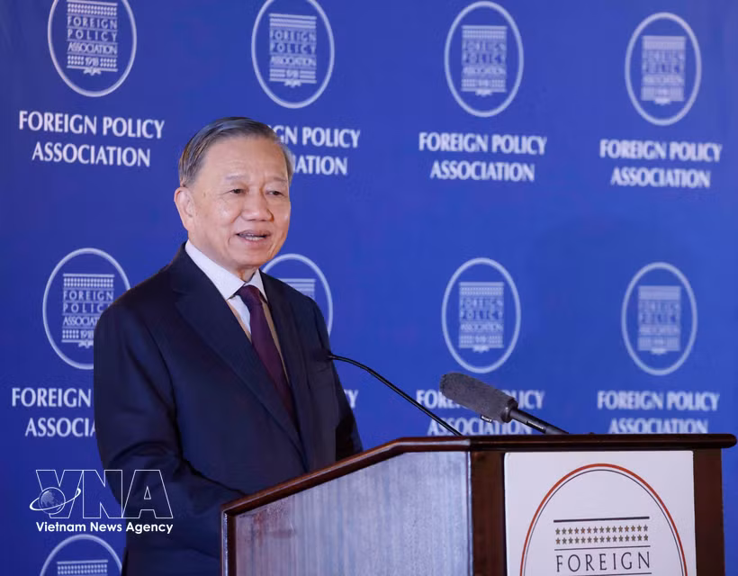 越共中央总书记、国家主席苏林在美国外交政策协会发表施政演讲。图自越通社