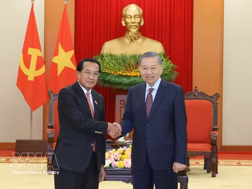 越共中央总书记、国家主席苏林与老挝人革党中央政治局委员、中央书记处书记、中央纪委书记、国家监察总署署长、中央反腐败委员会主任万赛。图自越通社