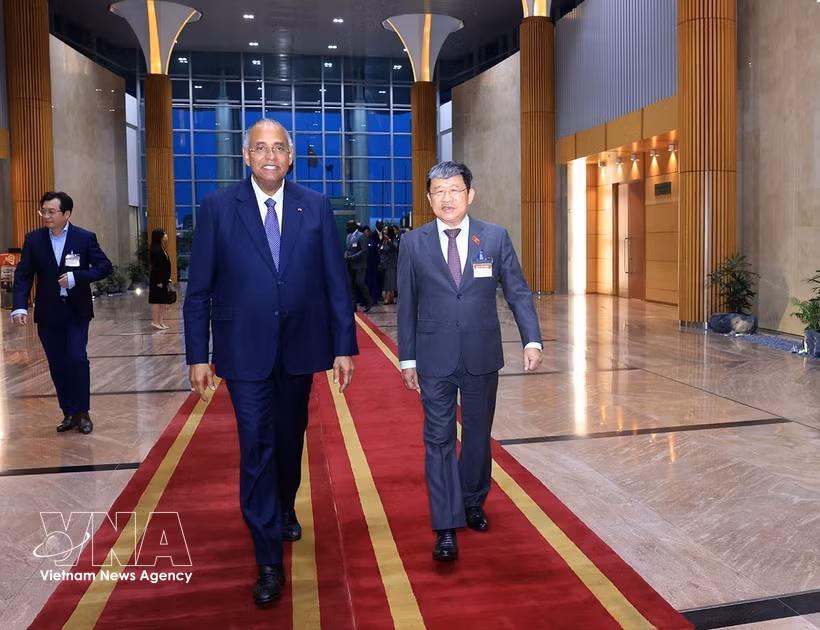 越南国会国防安全与对外委员会常务副主任武海河到内排国际机场迎接科特迪瓦国民议会议长帕特里克·阿希。图自越通社