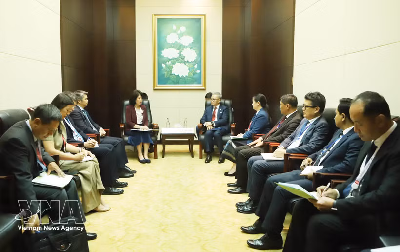 老挝副总理兼外交部长通沙万·丰威汉会见越南外交部副部长阮氏黄云。图自越通社